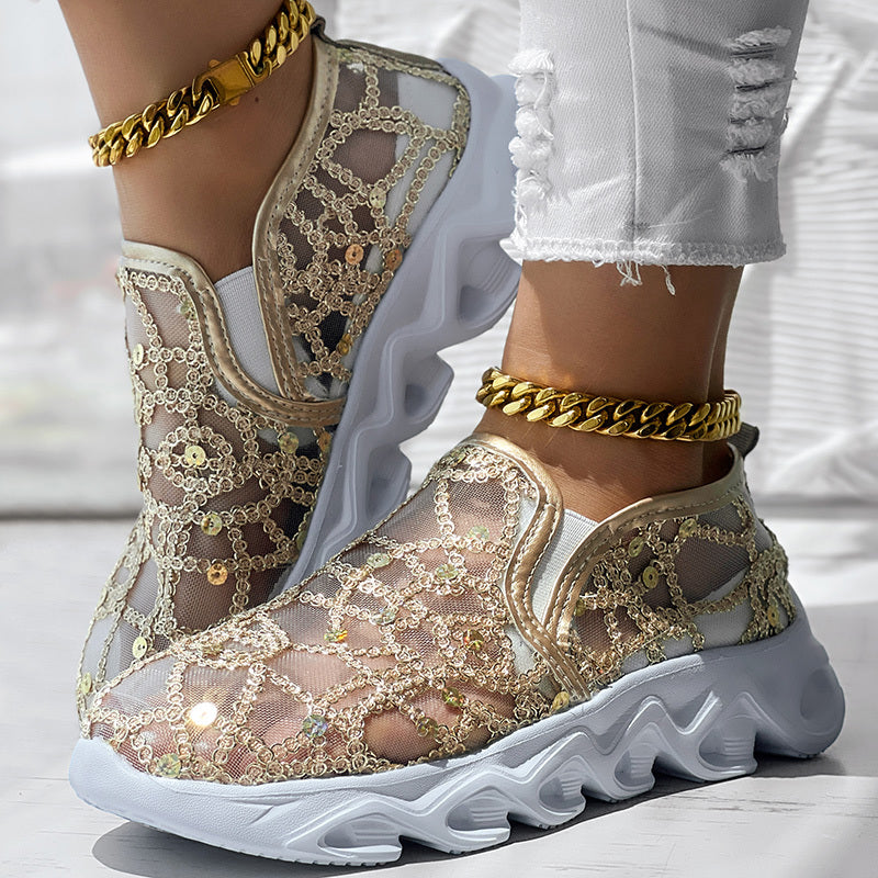Contrast Glitter Transparent Mesh Patch Breathable Sneakers - Without Ankle Strap