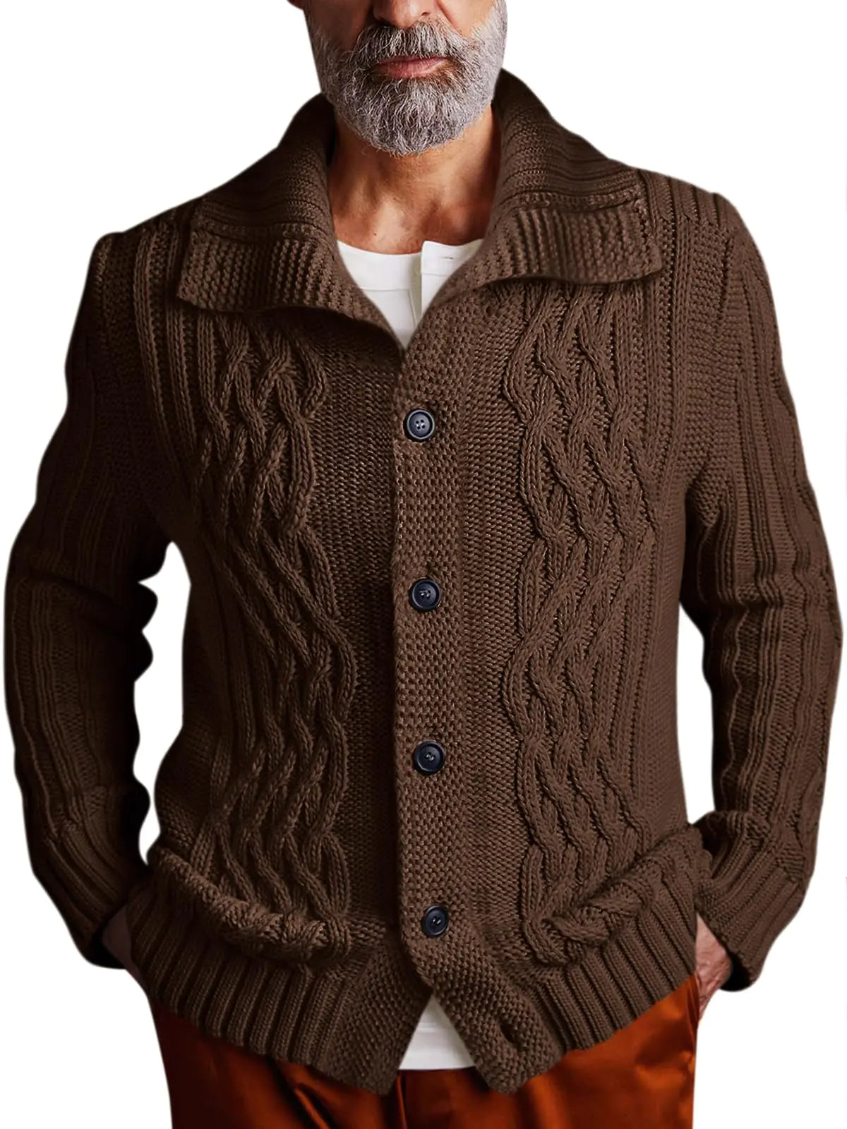 Runcati Mens Cardigan Sweater Cable Knit Button Down Long Sleeve Casual Winter Slim Fit Sweaters Brown