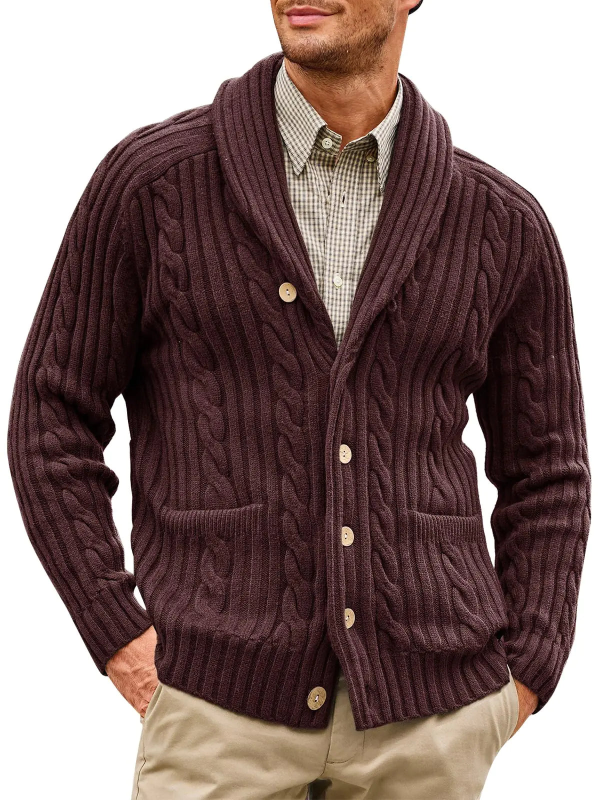 Runcati Mens Cable Knit Cardigan Sweater Shawl Collar Button Down Long Sleeve Casual Sweaters with Pockets Brown