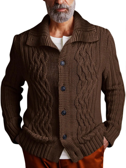 Runcati Mens Cardigan Sweater Cable Knit Button Down Long Sleeve Casual Winter Slim Fit Sweaters Brown