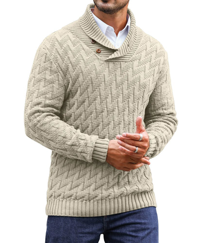 KAVIANA Mens Shawl Collar Pullover Sweater Casual Cable Knit Turtleneck Sweaters Khaki
