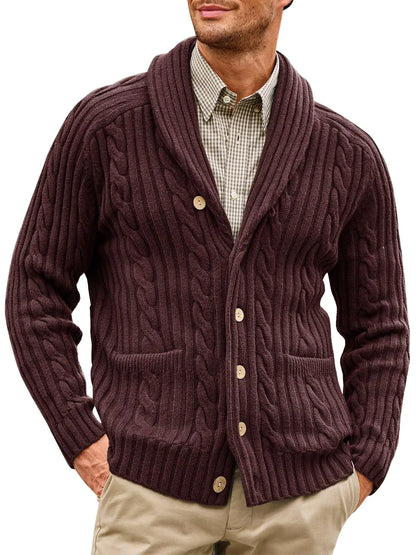 Runcati Mens Cable Knit Cardigan Sweater Shawl Collar Button Down Long Sleeve Casual Sweaters with Pockets Brown