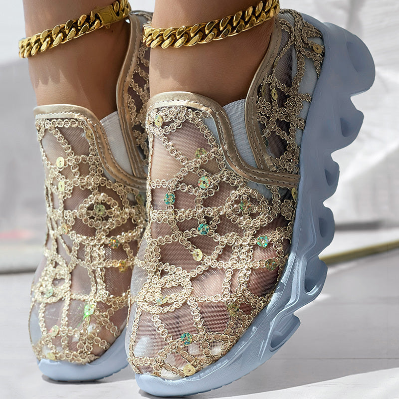 Contrast Glitter Transparent Mesh Patch Breathable Sneakers - Without Ankle Strap